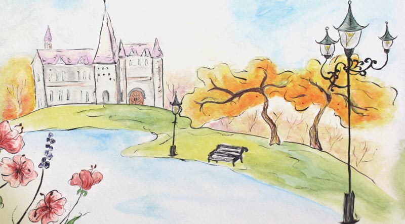 Сказочный дворец рисование в подготовительной группе. Рисуем дворец золотой осени поэтапно. Дворец теплой осени. Осень в городе рисунок для детей. Осенний город рисунок для детей.