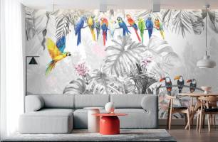 Wybierz Fototapeta Czarno biały wzor liścia tropikalne zwierzątami Tapeta do kuchni na ścianę