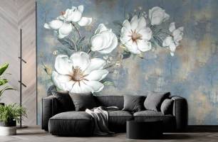 Wybierz Fototapeta białe kwiaty na niebieskim tle Abstrakcyjne kwiaty na ścianę