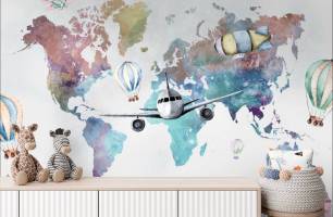 Wybierz Fototapeta Mapa świata samolot domki Tapety do pokoju dziecięcego na ścianę