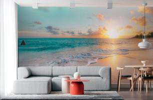 Wybierz Fototapeta Zachód słońca nad morzem, na plaży Tapeta w łazience na ścianę