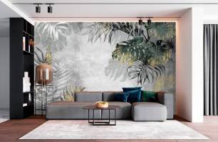 Wybierz Fototapeta Tropikalne liścia na szarym tłe Tapeta w salonie na ścianę