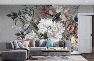 Wybierz Fototapeta Vintage kwiaty na szaro Tapeta w salonie na ścianę