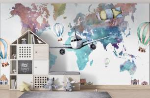 Wybierz Fototapeta Mapa świata samolot domki Tapety do pokoju dziecięcego na ścianę