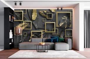 Wybierz Fototapeta Tropicalny liścia 3d geometria Tapeta w salonie na ścianę