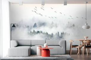 Wybierz Fototapeta Ptaki nad mglistym lasem Tapeta w sypialni na ścianę
