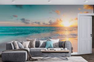 Wybierz Fototapeta Zachód słońca nad morzem, na plaży Tapeta w łazience na ścianę