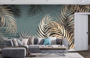 Wybierz Fototapeta Liście tropikalne na zielonym tłe Tapeta w salonie na ścianę