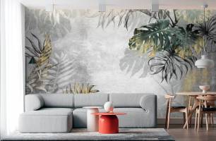 Wybierz Fototapeta Tropikalne liścia na szarym tłe Tapeta w salonie na ścianę