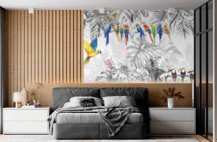 Wybierz Fototapeta Czarno biały wzor liścia tropikalne zwierzątami Tapeta do kuchni na ścianę