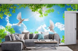 Wybierz Fototapeta Gałęzie i gołębie na sufit Mural ścienny do sufitu na ścianę
