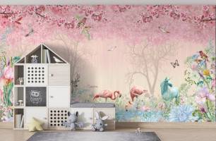 Wybierz Fototapeta Różowe flamingi w ogrodzie Eden Tapety do pokoju dziecięcego na ścianę