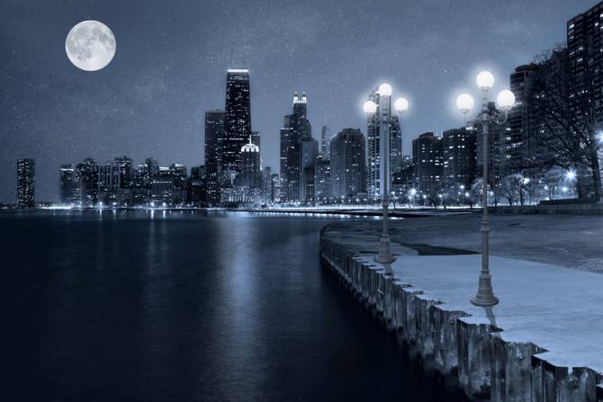 Fototapeta miasto w nocy w niebieskich odcieniach