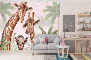 Wybierz Fototapeta Żyrafy tropikalne liścia Tapety do pokoju dziecięcego na ścianę