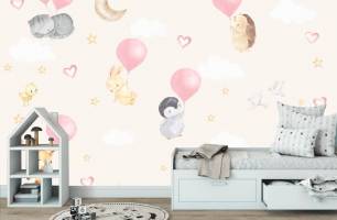 Wybierz Fototapeta Zwierzątka z balonami w kolorze różowym Fototapeta Małe dzieci na ścianę